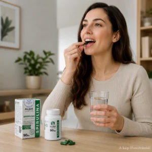 Alga System Spirulina komplex 90 db-os étrend-kiegészítő kapszula doboza és flakonja az asztalon, háttérben egy pohár vizet tartó és kapszulát bevevő nővel egy világos szobában.