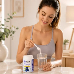Alga System Kollagén komplex C-vitaminnal, 30 adagos áfonyás étrend-kiegészítő por kék-fehér dobozban, mellette egy pohár vízbe port adagoló nővel egy világos szobában.