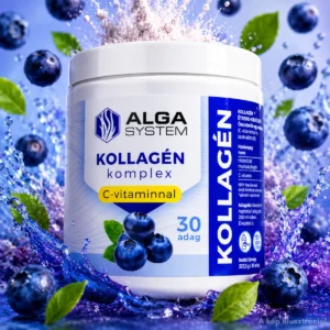 Alga System Kollagén komplex C-vitaminnal, 30 adagos hidrolizált marhakollagén por kék-fehér dobozban, repülő áfonyaszemekkel, zöld levelekkel és lila-kék vízfröccsenéssel a háttérben.