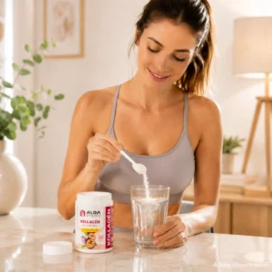 Alga System Kollagén komplex C-vitaminnal, 30 adagos maracujás étrend-kiegészítő por mályva-fehér dobozban, mellette egy pohár vízbe port adagoló nővel egy világos szobában.