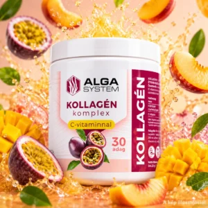 Alga System Kollagén komplex C-vitaminnal, 30 adagos hidrolizált marhakollagén por mályva-fehér dobozban, repülő maracuja-, mangó- és őszibarackdarabokkal, valamint sárgás-narancssárga vízfröccsenéssel a háttérben.