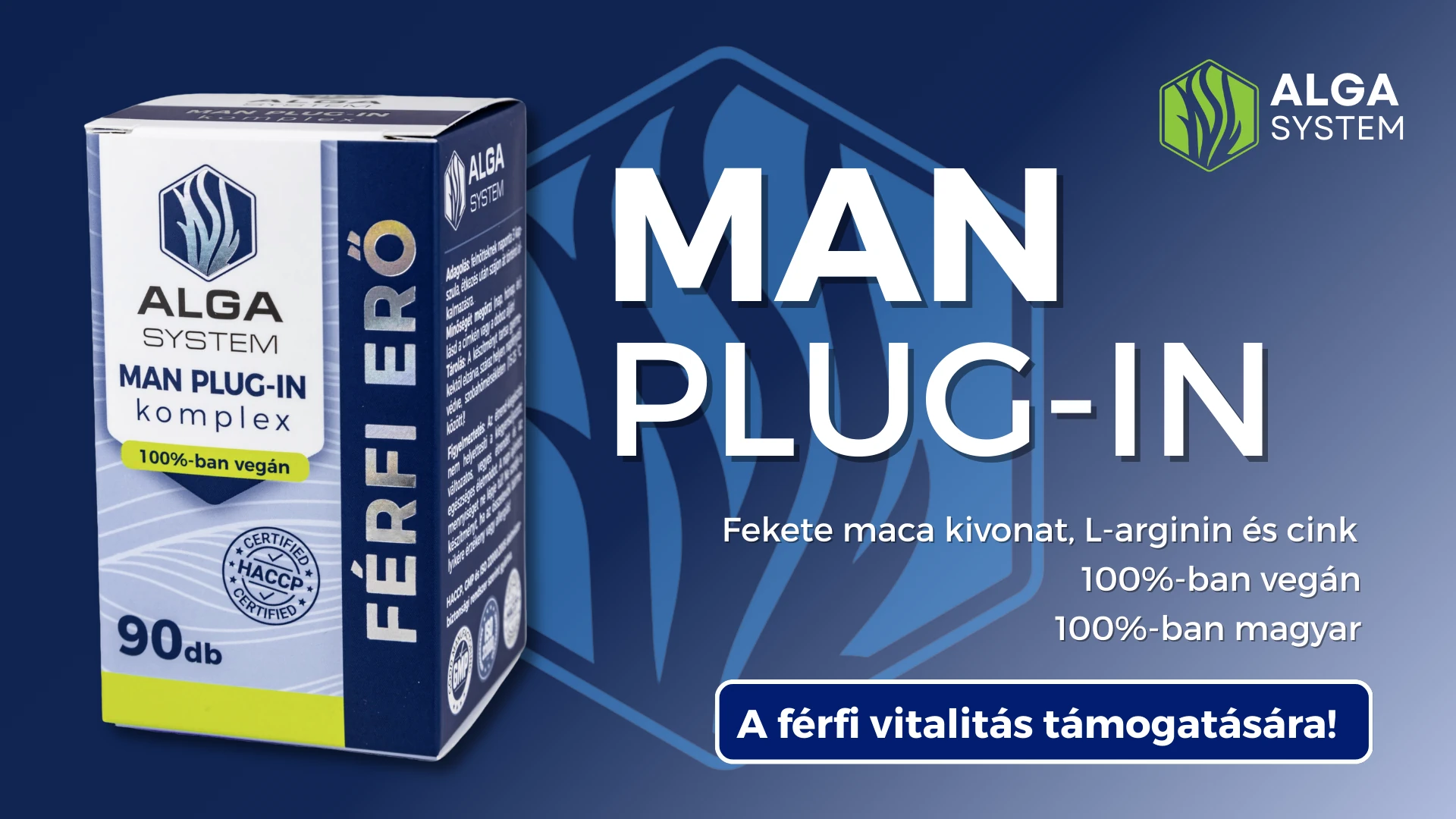 Alga System Man Plug-In komplex 90 darabos étrend-kiegészítő kék-fehér doboza sötétkék grafikus háttér előtt.