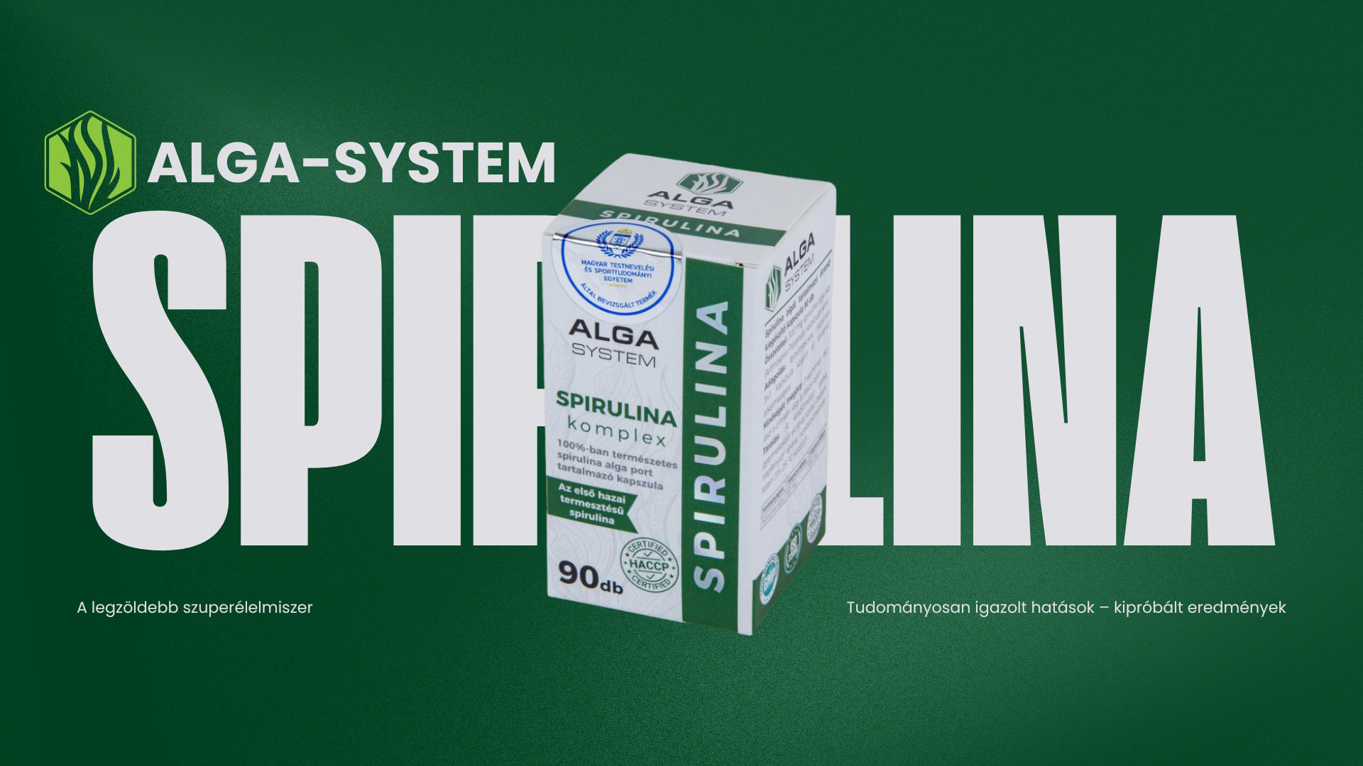 Alga-System Spirulina komplex kapszula, 90 darabos kiszerelés zöld-fehér dobozban, sötétzöld háttér előtt.