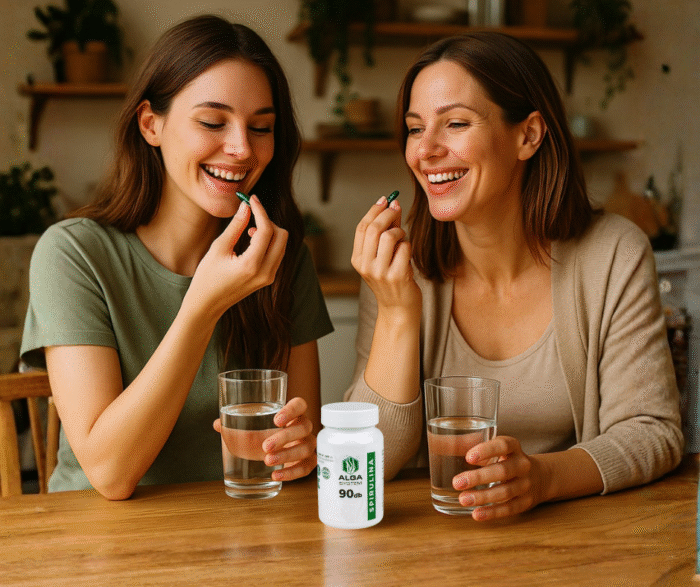 Két nő mosolyogva tart egy zöld tablettát a kezében, egy fehér, 90 db-os Alga Képek Spirulina étrend-kiegészítő doboz mellett, egy fa asztalon két vizespohárral.