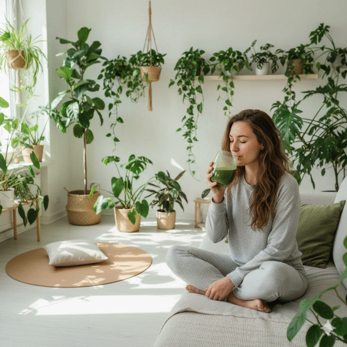 Zöld ital fogyasztása otthon | Egészséges életmód szobanövényekkel | Wellness és relaxáció