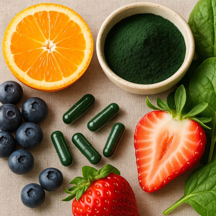 Zöld algakapszulák (spirulina vagy chlorella) közelképe narancs, áfonya, eper és zöld por társaságában, bézs színű textilháttér előtt.