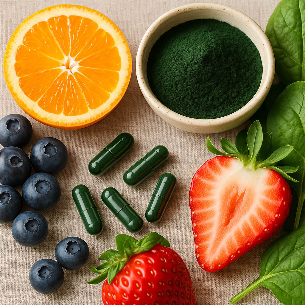 Zöld algakapszulák (spirulina vagy chlorella) közelképe narancs, áfonya, eper és zöld por társaságában, bézs színű textilháttér előtt.