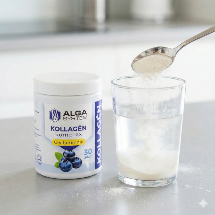 Alga System Kollagén komplex C-vitaminnal por adagolása kanállal vizes pohárba, fehér tégelyes kiszerelés áfonya illusztrációval és 30 adagos jelöléssel.