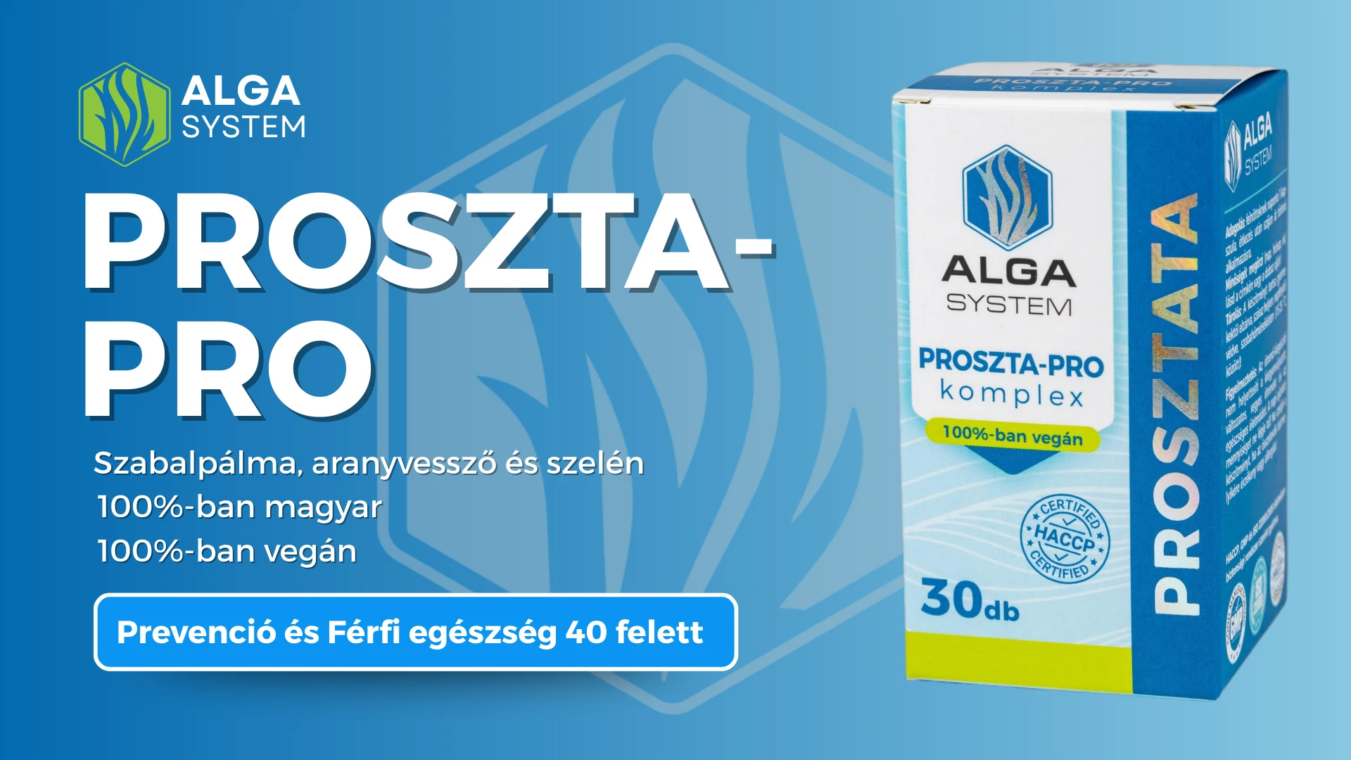 Alga System Proszta-Pro komplex étrend-kiegészítő férfiaknak szabalpálmával, aranyvesszővel és szelénnel. 100% vegán termék kék háttérrel.