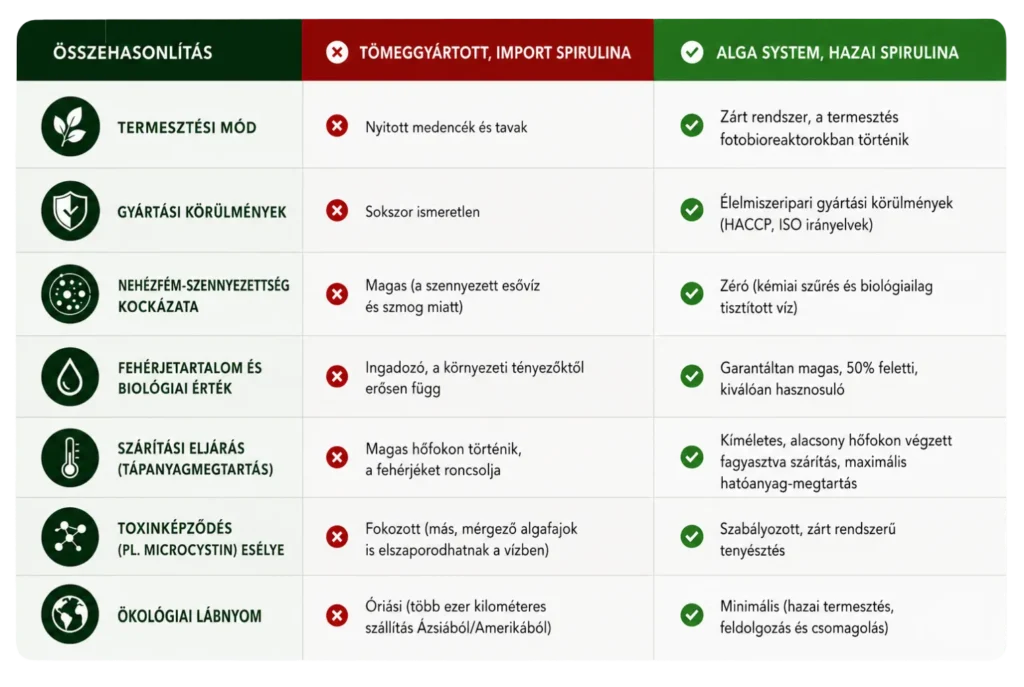 Összehasonlító táblázat a tömeggyártott, import spirulina alga és az Alga System hazai, zárt fotobioreaktoros termesztésű spirulina alga jellemzőiről, zöld és piros jelölésekkel.